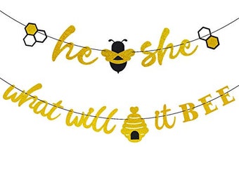 He or She What Will It Bee Banner, Gender Reveal Garland with Bee and Beehive, Bee Baby Shower Banner