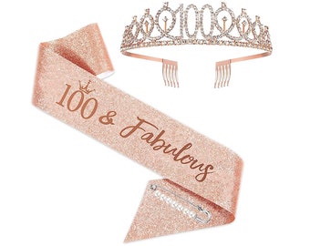 100th Birthday Sash and Tiara for women, 100 & Fabulous Birthday Sash Crown 100th Sash and Tiara for Women, Rose Gold Sash and Tiara