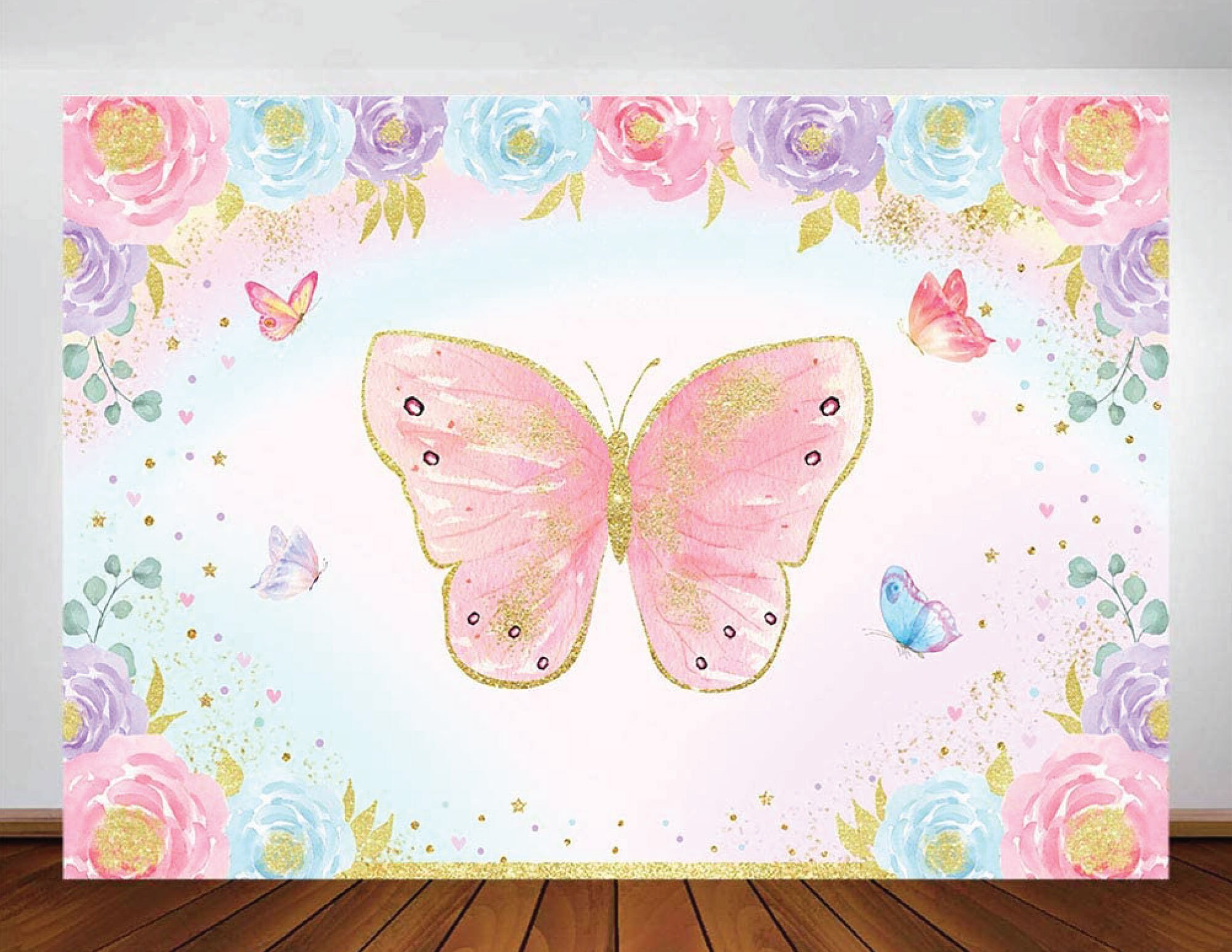 Butterfly Backdrop Girl Floral Butterfly Birthday Photo Background Pink and Gold Girls Fairy Butterflies Floral Princess
