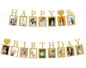 50th Birthday Photo Banner, 50th Birthday Gold Glitter Banner, 50th Party Decorations, 50th Party Supplies, Milestone Photo Banner