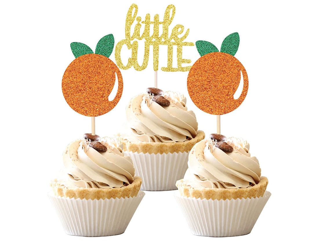 Little Cutie Cupcake Toppers 24 Pcs Glitter Orange Cupcake Etsy