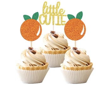 Little Cutie Cupcake Toppers 24 pcs, Glitter Orange Cupcake Picks for Citrus Theme Baby Shower Kids Birthday Party, Gold and Orange