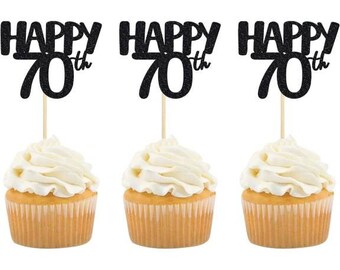 70th Birthday Cupcake Toppers 24 pcs, Black Glitter 70th Birthday Toppers, 70th Party Decorations, 70th Party Supplies, Happy 70th