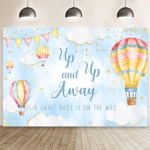Hot Air Balloon Baby Shower Backdrop, Up Up and Away Adventure Banner Vinyl Photo Background 7x5ft Travel Adventure Begins Baby Shower Blue