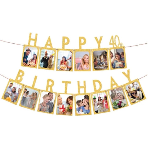 40th Birthday Photo Banner, 40th Birthday Gold Banner, 40th Party Decorations, 40th Party Supplies, Milestone Photo Banner
