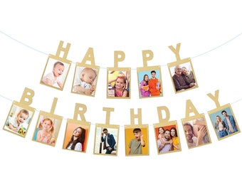 Birthday Photo Banner, Annual Milestone Golden Happy Birthday Banner, Gold Glitter Banner, Milestone Photo Banner for Kids and Adults