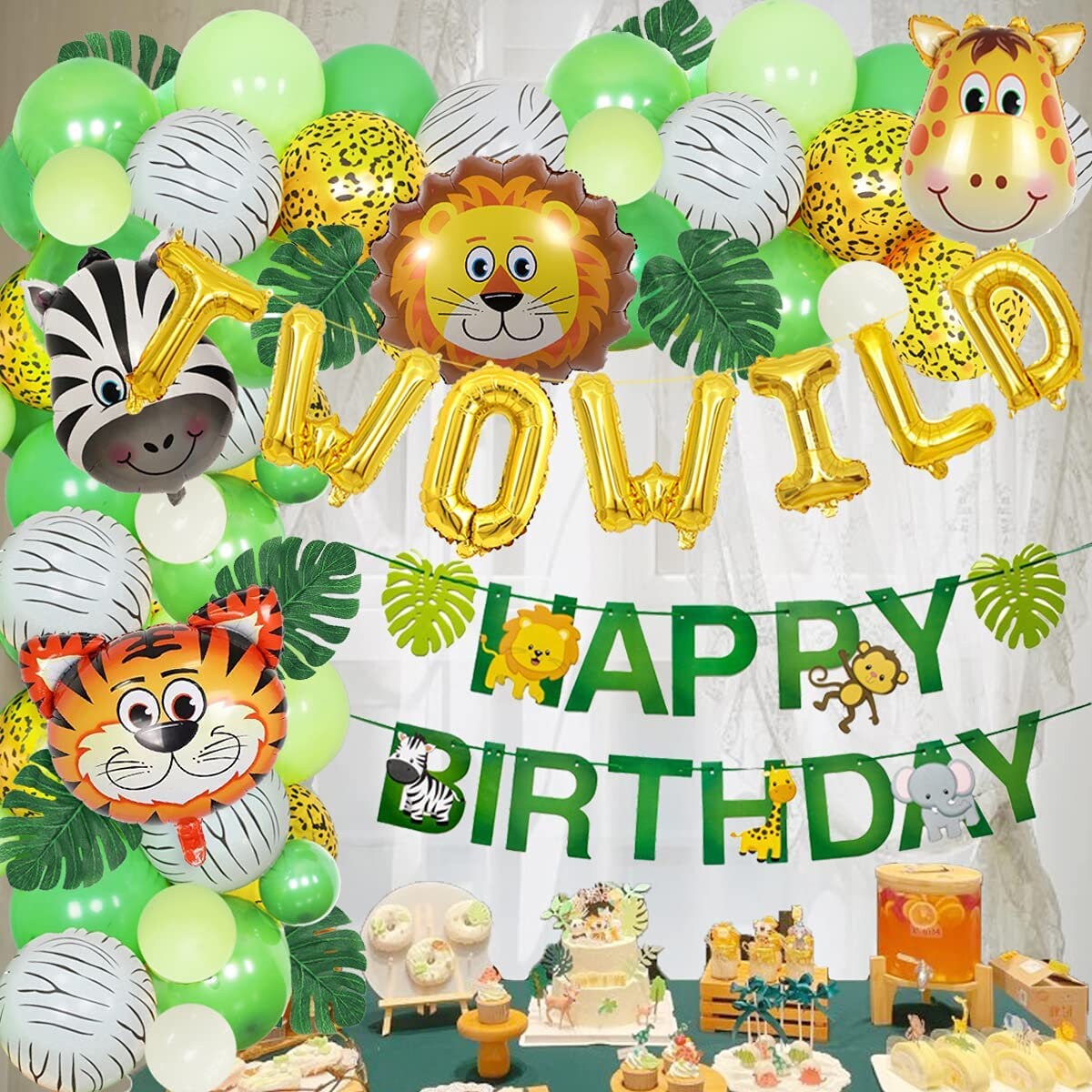 Set, decoración de cumpleaños de 2 años, decoración de segundo cumpleaños,  decoración de cumpleaños de 2 años, safari con globo verde salvia,  decoración de segundo cumpleaños con tema salvaje para niños y