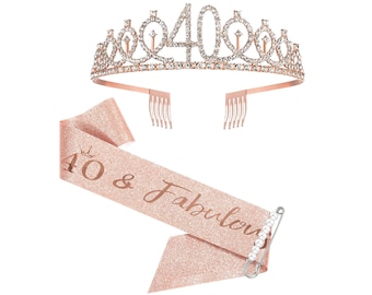 40th Birthday Sash and Tiara for women, 40 & Fabulous Birthday Sash Crown 40th Sash and Tiara for Women, Rose Gold Sash and Tiara