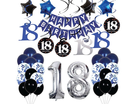 Decoraciones de 18 cumpleaños para niños y niñas, azul oscuro, fiesta de  cumpleaños de 18 años, globo plateado número 18, pancarta de 18 cumpleaños  -  México