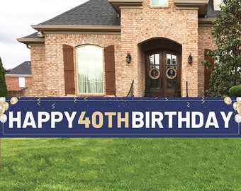 Large 40th Birthday Banner Backdrop Decorations for Mens Navy Blue Gold 40 Birthday Party Outdoor Indoor Banner 40th Party Supplies