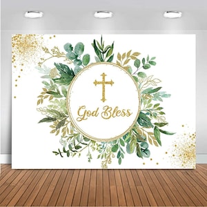 God Bless Backdrop First Communion Baptism Christening Party Decorations Vinyl Green Leaves Newborn Baby Shower Photography Background