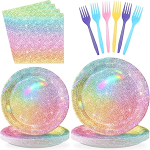May include: A collection of party supplies featuring a rainbow glitter theme. Includes paper plates, napkins, and plastic forks in various colors. The plates and napkins have a glittery, iridescent finish, perfect for a festive celebration.