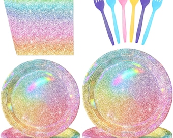 Rainbow Party Plates, Napkins, Forks Disposable Tableware Serves 24, Iridescent Rainbow Glitter Party Plates Dinnerware Birthday Baby shower