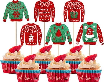 May include: Six red and green Christmas sweater cupcake toppers with a white snowflake, reindeer, Christmas tree, gift box, and "Merry Christmas" and "Ho Ho Ho" designs. The toppers are on top of cupcakes with red and blue cupcake liners.
