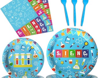 May include: A science-themed party set featuring blue paper plates, napkins, and forks. The plates and napkins display science-related graphics, including beakers, formulas, and the word "SCIENCE". The set includes blue plastic forks.