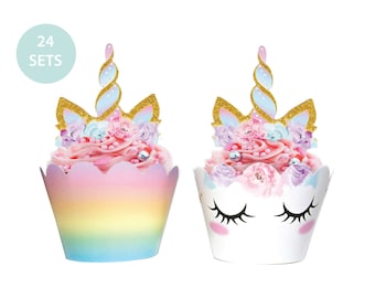 UNICORN Cupcake Toppers Set of 24, Double Sided Toppers and Wrappers, Rainbow and Gold Glitter Decorations, Unicorn Party Decorations