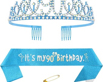 90th Sash & Rhinestone Tiara Set, 90th Birthday Sash and Blue crown, Blue Teal Glitter 90th Birthday Sash, Ninety and fabulous Sash