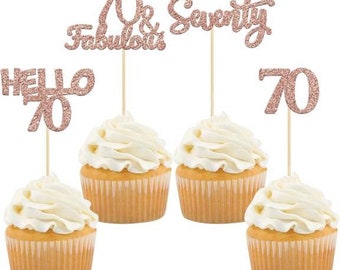 70th Birthday Cupcake Toppers 24 pcs, Rose Gold Glitter 70th Birthday Toppers, 70th Party Decorations, 70th Party Supplies, 70 and Fabulous