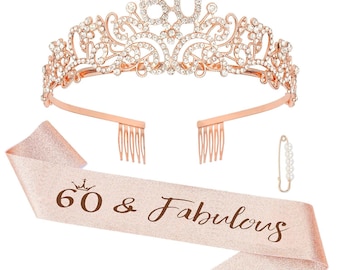 May include: Rose gold tiara with the number 60 and clear rhinestones. A matching sash reads "60 & Fabulous" in brown script. A pearl pin is also included. This set is perfect for a 60th birthday celebration.