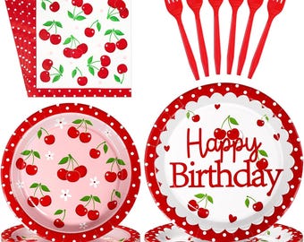 Cherry Birthday Plates, Napkins, Forks Disposable Tableware Serves 24, Fruit Themed Cherry Birthday Plates Dinnerware
