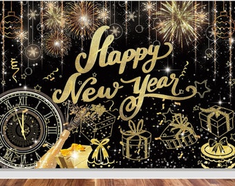 Runder Fotohintergrund „Happy New Year“ Gold-schwarz Glitzernd – 230 Cm Durchmesser, Polyester, Für Weihnachten & Silvester
