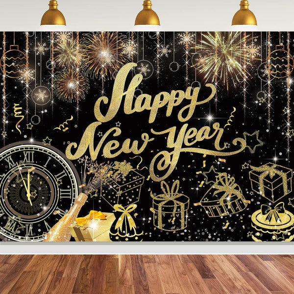Happy New Year Backdrop, 2024 New Year Black and Gold Family Picture Vinyl Photography Background 7x5ft New Year Eve Party Backdrop Banner
