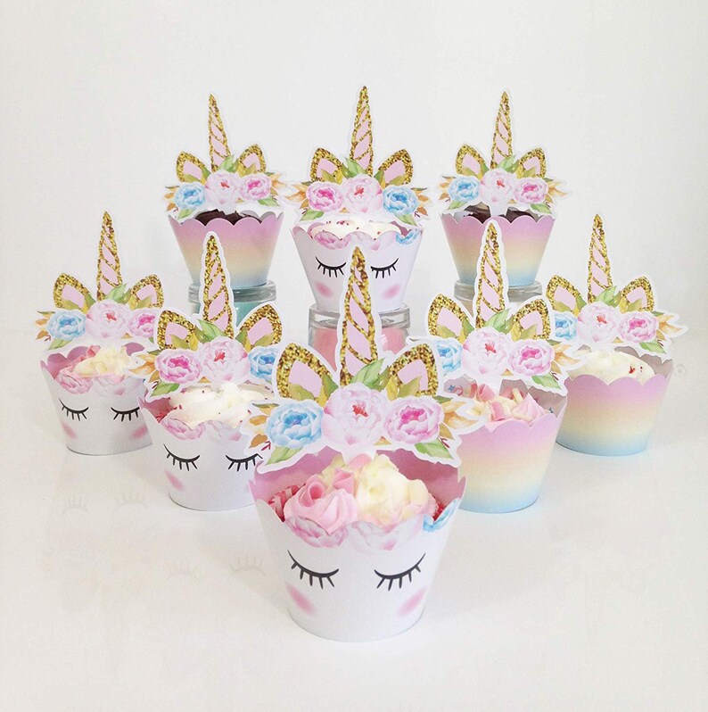 UNICORN Cupcake Toppers and Wrappers Set of 24 Double Sided Etsy