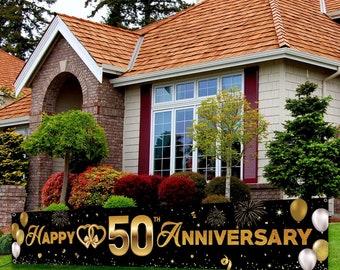 Large 50th Anniversary Banner Backdrop Decorations Gold Happy 50th Anniversary Party Outdoor Indoor Banner 50th Anniversary Party Supplies