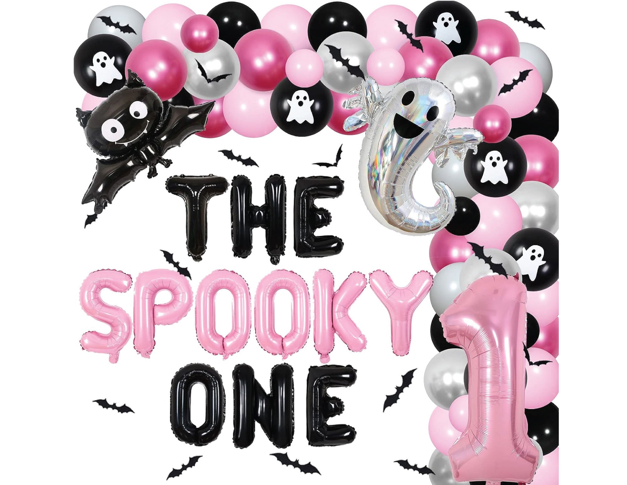 The Spooky One Balloon Garland Kit Halloween Girls 1st Birthday Balloon Decorations Halloween Black Pink Silver Ghost Bat