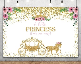 little Princess Baby Shower Backdrop, Pink Princess Carriage Gold Crown Background, Pink and Gold A Little Princess Is On The Way Banner