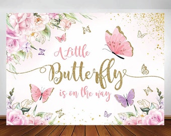 Butterfly Baby Shower Backdrop, A Little Butterfly Is On The Way Photo Background, Pink Blush Floral Gold Butterfly Baby Shower Background