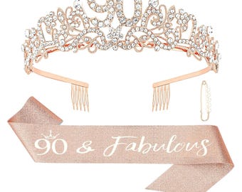90th Birthday Sash and Tiara, 90th Birthday Sash and Crown, 90th Sash and Tiara for Women, Rose Gold Sash and Tiara, 90th Birthday Gift