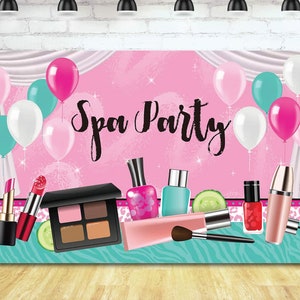 May include: A pink and teal backdrop with white curtains and balloons. The backdrop says "Spa Party" in black script. There are makeup brushes, nail polish, and other beauty products in the foreground.