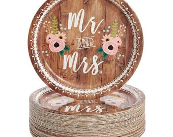 Mr and Mrs Plates 80 PCS, Rustic Wood Bridal Shower Paper Plates, Engagement Party Dinner Plates Wedding Mr and Mrs Decorations (9 in)