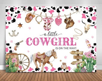 Cowgirl Baby Shower Backdrop, A Little Cowgirl is On The Way Banner Vinyl Photo Background Pink Floral Wild Western Themed Baby Shower 7x5ft