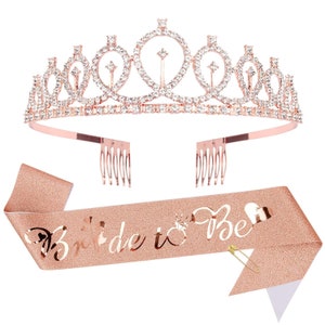 Bride to Be Sash and Tiara, Rose Gold Crown & Bride To Be Sash, Bride Gift Set, Bridal Shower Gift for Bride, Bachelorette Party Crown Set