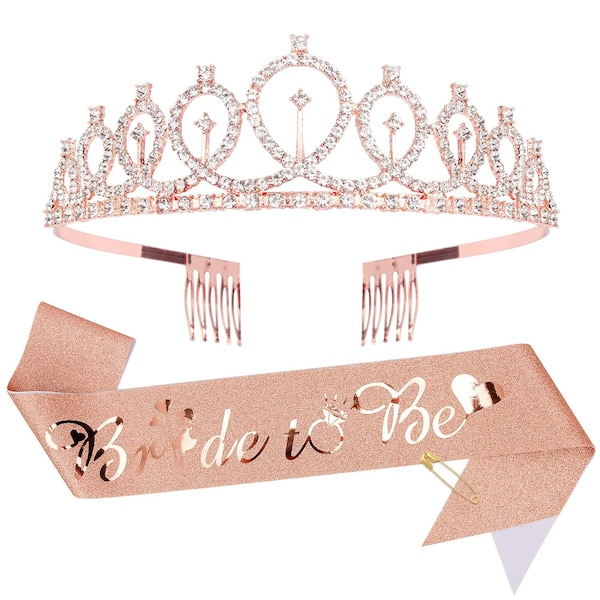 Bride to Be Sash and Tiara, Rose Gold Crown & Bride To Be Sash, Bride Gift Set, Bridal Shower Gift for Bride, Bachelorette Party Crown Set