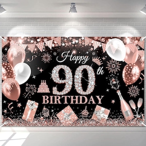 90th Birthday Banner Backdrop Decorations for Women Rose Gold Happy 90 Year Old Birthday Decor Photo Booth Props 90th Party Supplies