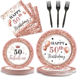 May include: Rose gold party supplies for a 50th birthday celebration. Includes plates, napkins, and black plastic forks. The plates and napkins feature the text "Happy 50th Birthday" and "50 & Fabulous" with balloon and star designs.