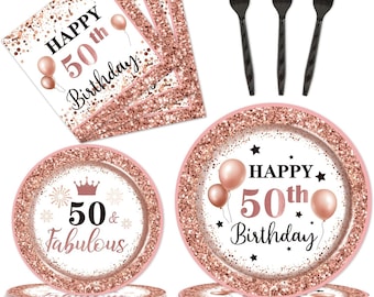50th Birthday Plates, Napkins, Forks Disposable Tableware Serves 24, Rose Gold 50th Birthday Plates Dinnerware, 50 and Fabulous Plates