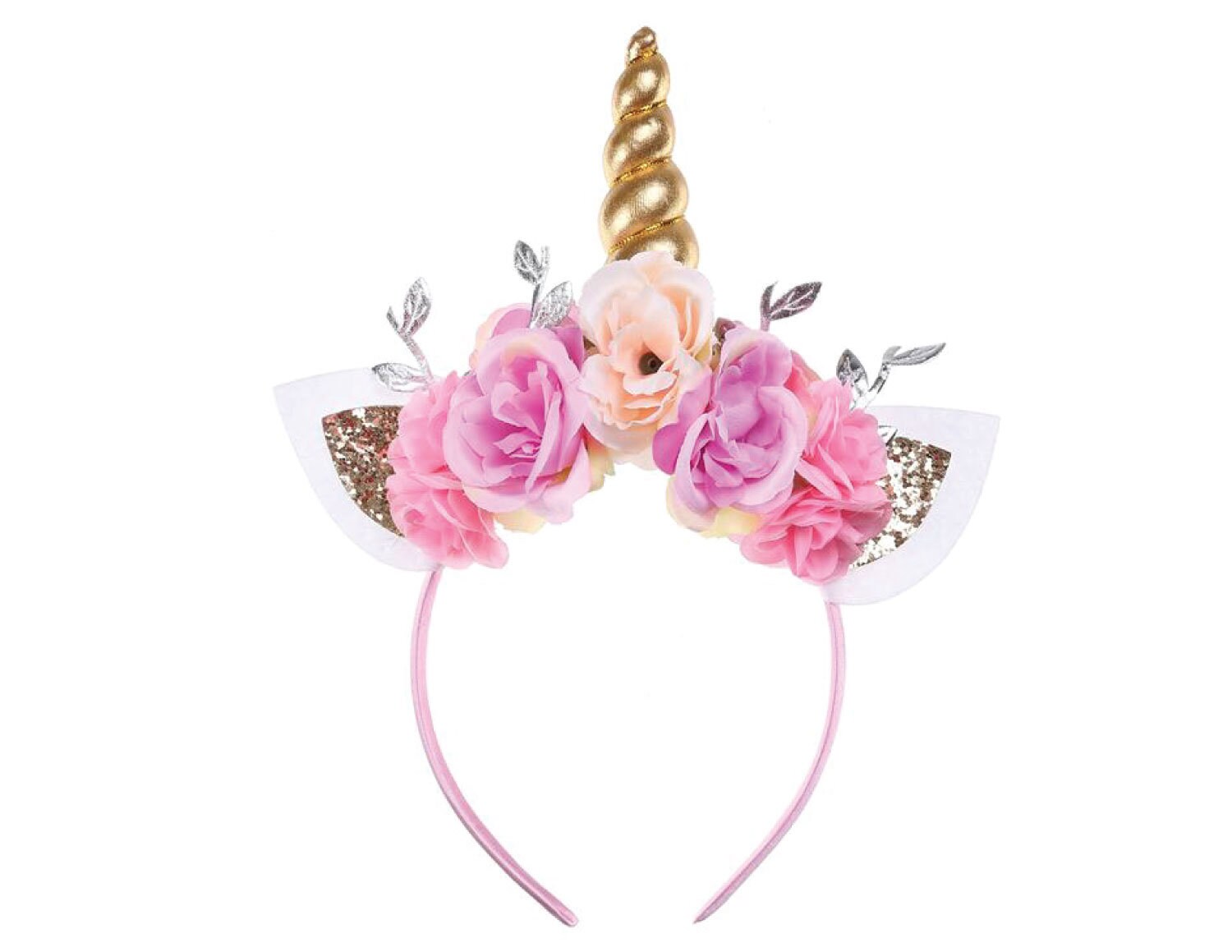 Womens Pink Unicorn Horn Headpiece with Flowers 