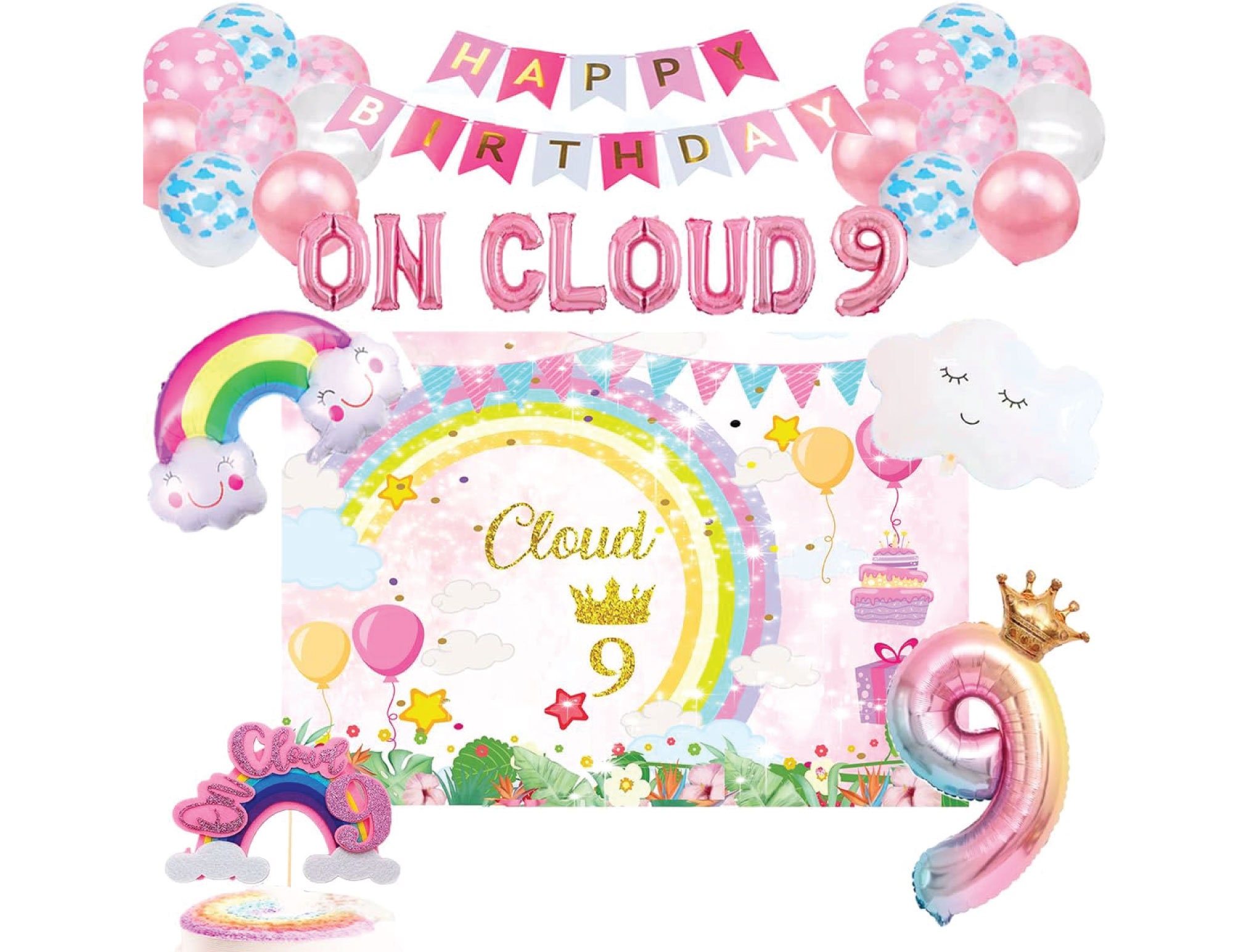 On Cloud 9 Geburtstags-Deko Für Mädchen – Ballon-Set Mit Regenbogen, Wolken, Zahl 9, Pastellfarben