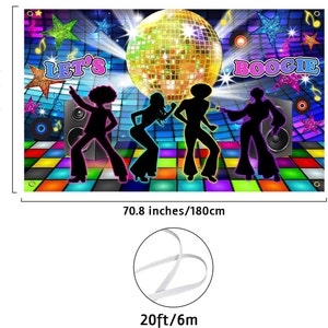 May include: A colorful disco party backdrop with a large disco ball, four silhouettes of people dancing, and the text "Let's Boogie". The backdrop is 70.8 inches wide and 43.3 inches tall.
