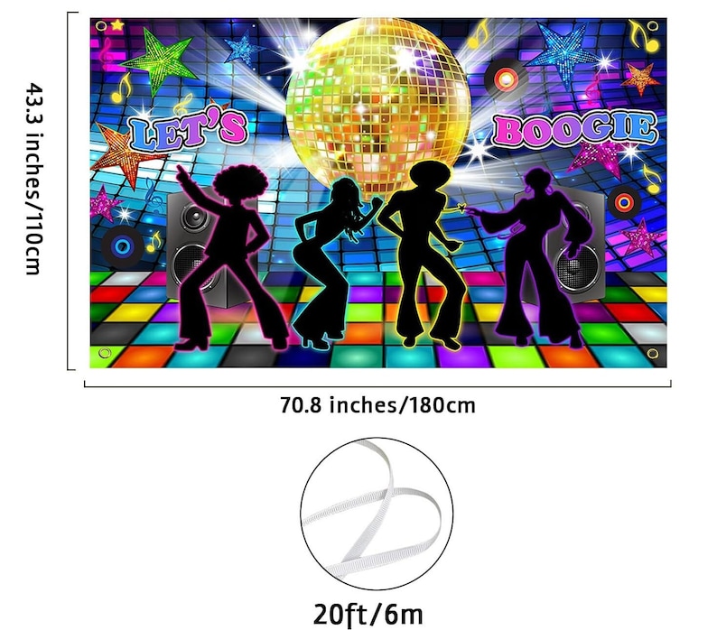 May include: A colorful disco party backdrop with a large disco ball, four silhouettes of people dancing, and the text "Let's Boogie". The backdrop is 70.8 inches wide and 43.3 inches tall.