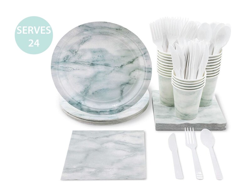 Marble Tableware Serves 24 Cups and Forks Napkins Marble Party Supplies Spoons Knives Marble Paper Plates