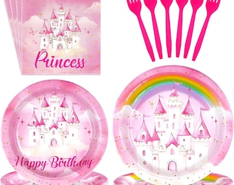 Princess Birthday Plates, Napkins, Forks Disposable Tableware Serves 24, Pink Princess Castle Birthday Plates Dinnerware, Fairytale Party