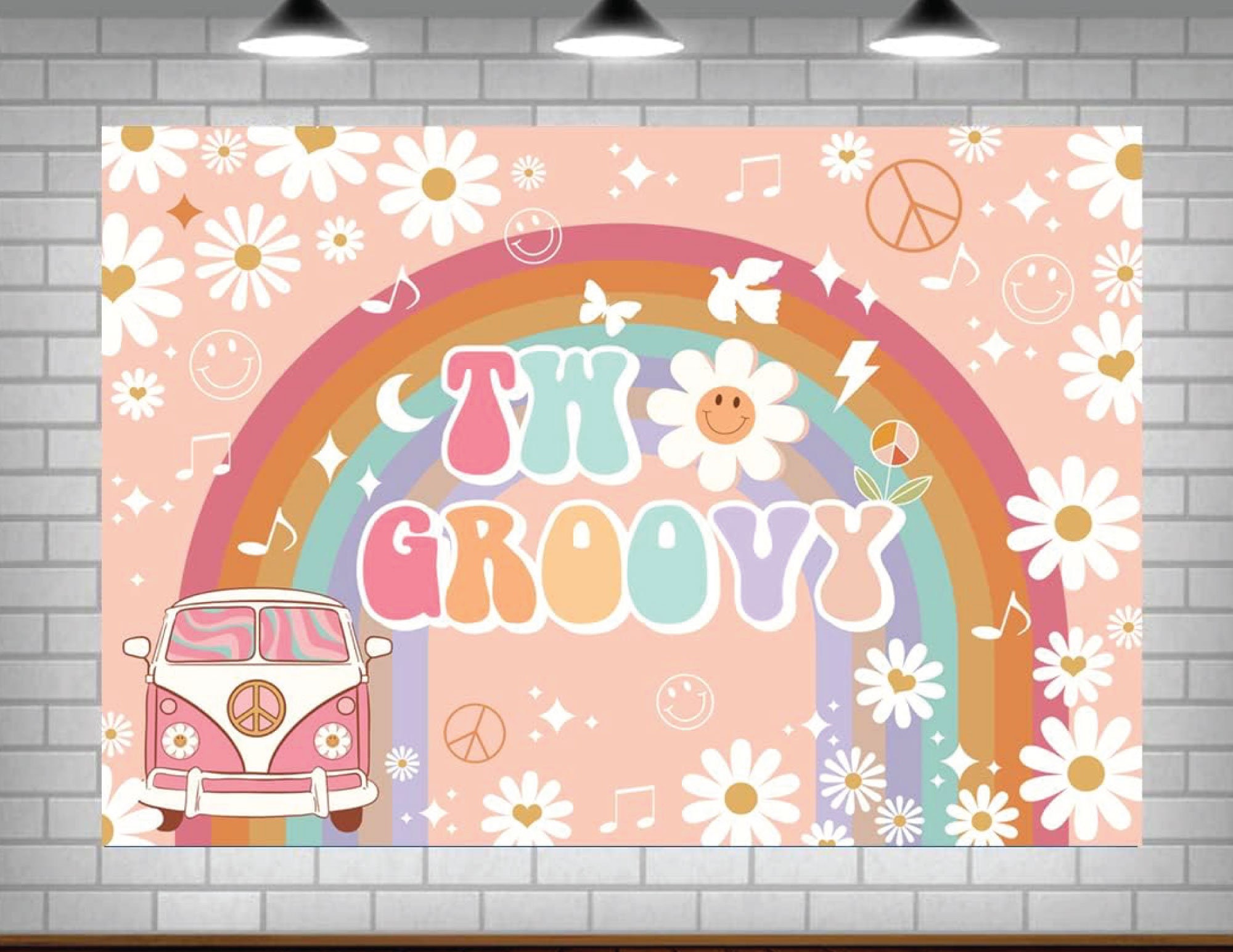 Two Groovy Birthday Backdrop for Hippie Boho Party Decorations Daisy Flower Groovy Banner for Baby Girls 2nd Birthday Hippie