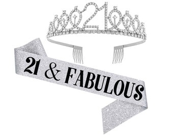 21st Birthday Sash and Tiara for Girls, 21 & Fabulous Birthday Sash Crown 21st Sash and Tiara for Girl, Silver Sash and Tiara
