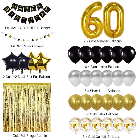 Happy 60th Birthday Banner - Black Gold Backdrop 70.8x43.3 Inch Party Decor