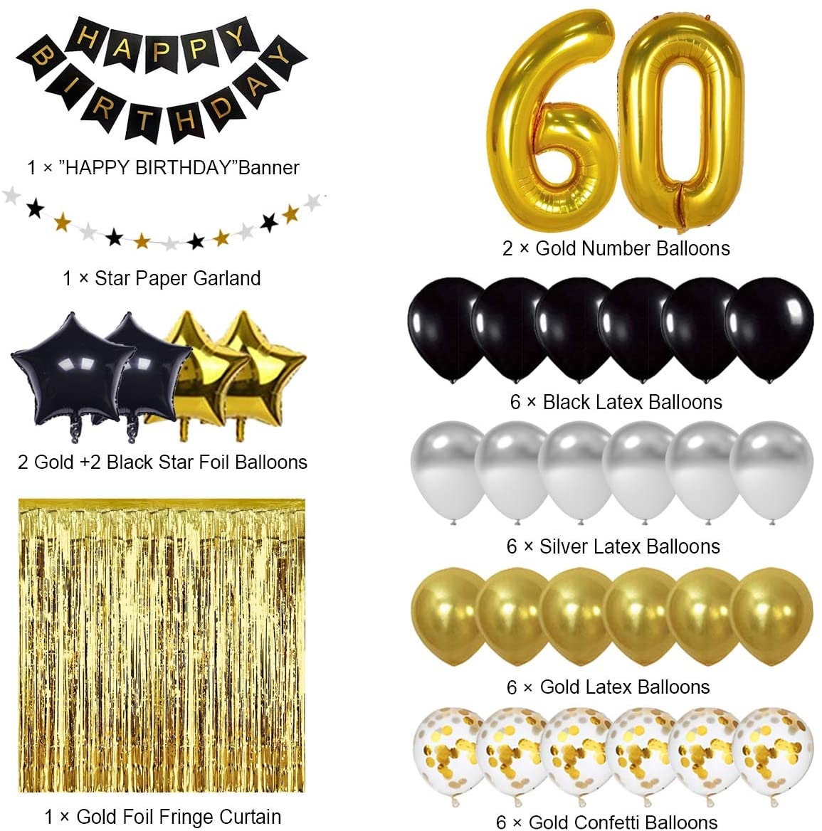 Decoraciones de cumpleaños n.° 60 y negro para hombres y mujeres, pancarta  dorada fabricada en 1963 y 15 globos de látex de feliz cumpleaños 60 para